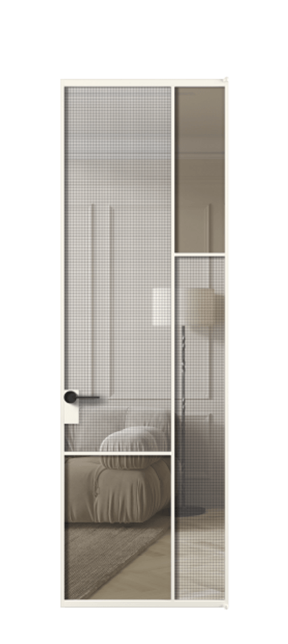 Межкомнатная дверь Mosaic АЛПЛ041.12 Алюминий пудровый белый Декоративное стекло с сеткой "Mesh silver", триплекс, 6 мм + Прозрачное бронзовое стекло, триплекс Цена 171870 ₽ | Volhovec