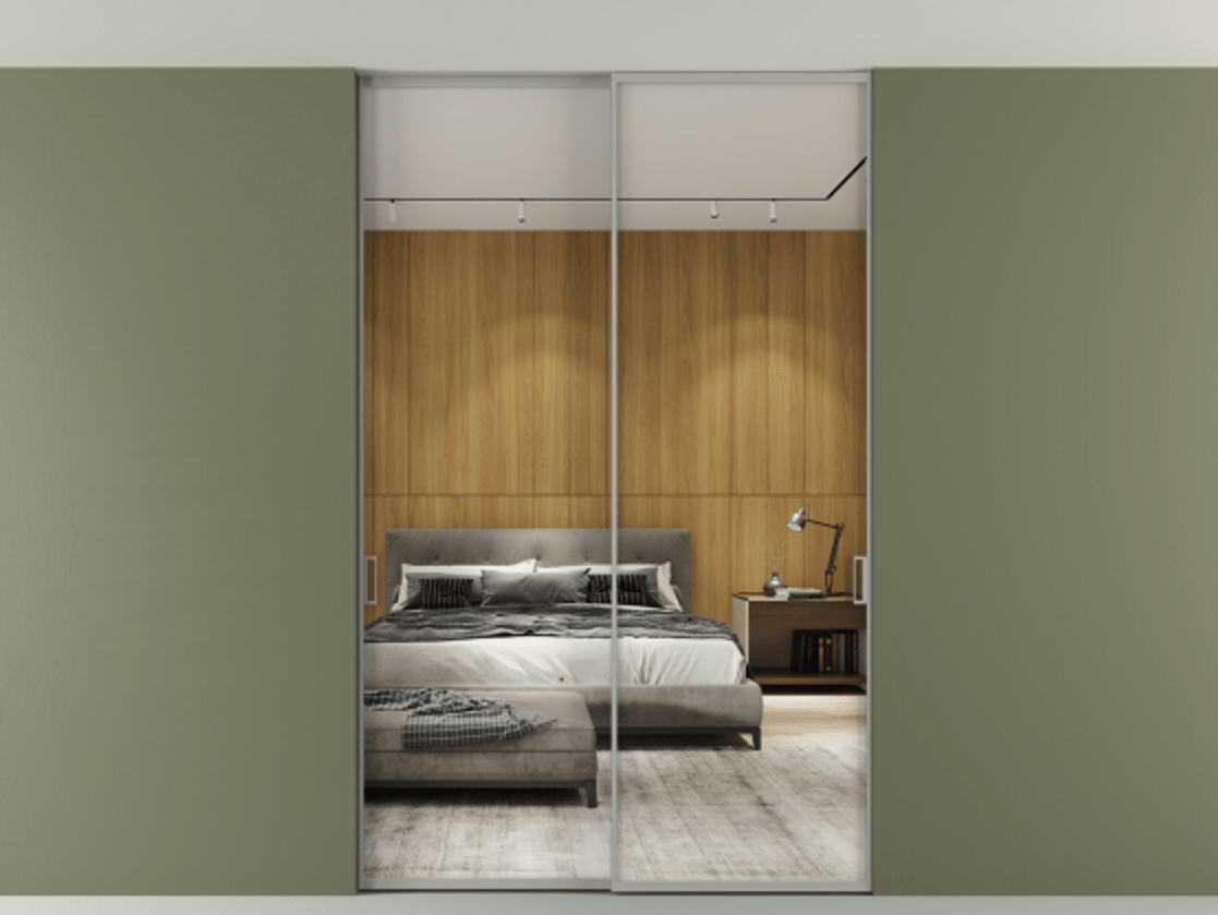 Перегородка Formato внутри проёма двустворчатая со скрытым креплением в потолок АЛПР 040.01 Алюминий нейтральный серый Двустороннее зеркало, триплекс 6 мм, триплекс 6 мм Цена 261640 ₽ | Volhovec