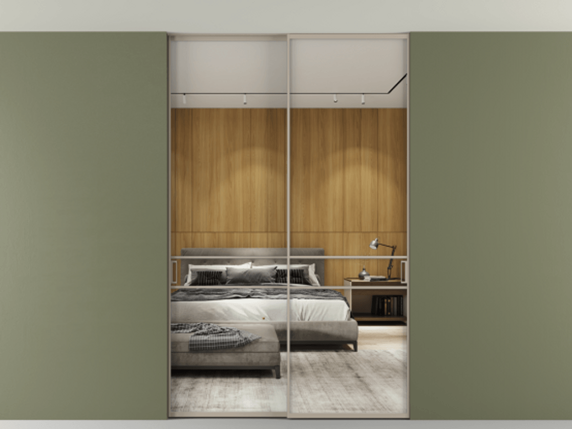 Перегородка Formato внутри проёма двустворчатая со скрытым креплением в потолок АЛПР 040.02 Алюминий бисквитный Двустороннее зеркало, триплекс 6 мм, триплекс 6 мм Цена 272860 ₽ | Volhovec