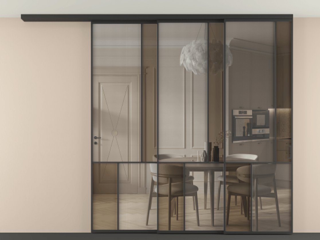 Перегородка Mosaic вдоль стены телескопик синхро 3 АЛПР 041.21 Алюминий Черный Mesh silver + Бронза прозрачное триплекс Цена 465680 ₽ | Volhovec