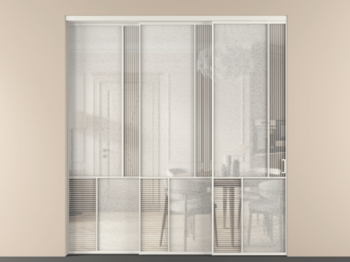 Перегородка Mosaic внутри проёма 3 створки с синхронным механизмом АЛПР 041.21 Алюминий Белый Рифлёное стекло "Дюна", триплекс, 6 мм + Фактурное стекло "Лёд", триплекс Цена 441070 ₽ | Volhovec