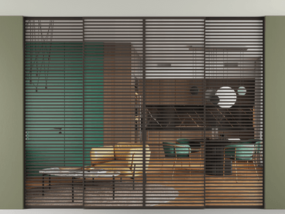 Алюминевая перегородка АЛПР 040.07_ААН_Crystalvision_new. Цвет Алюминий антрацит. Материал Алюминий в эмали. Коллекция Перегородка Formato внутри проёма четырёхстворчатая со скрытым креплением в потолок. Картинка.