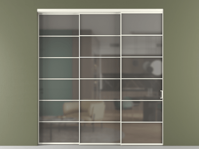 Алюминевая перегородка АЛПР 040.04_АЖМ_Серый сатин триплекс_new. Цвет Алюминий жемчужный. Материал Алюминий в эмали. Коллекция Перегородка Formato внутри проёма телескопик синхро 2. Картинка.