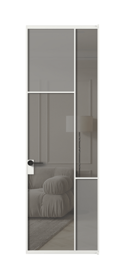 Дверь межкомнатная АЛПЛ041.10 АБЛ Серый сатин матовое + Серый прозрачное. Цвет Алюминий белоснежный. Материал Алюминий в эмали. Коллекция Mosaic. Картинка.
