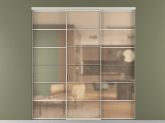 Алюминевая перегородка vn1+2_04_ Алюминий тёплый серый Сатинированное оранжевое стекло, триплекс, 6мм. Цвет Алюминий тёплый серый. Материал Алюминий в эмали. Коллекция Перегородка Формато внутри проёма 3 створки. Картинка.