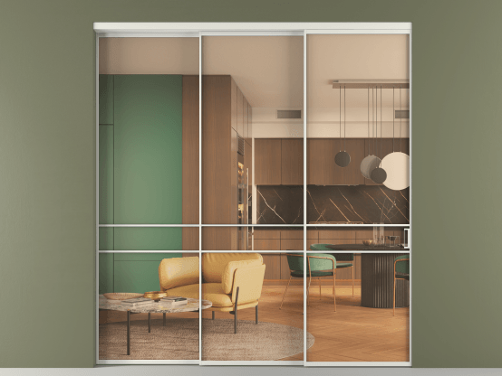 Алюминевая перегородка АЛПР 040.02_АСР_ПРОЗ ОРАНЖ_new. Цвет Алюминий серый. Материал Алюминий в эмали. Коллекция Перегородка Формато внутри проёма 3 створки с синхронным механизмом. Картинка.