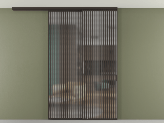 Алюминевая перегородка АЛПР 040.06_ААН_MS_new. Цвет Алюминий антрацит. Материал Алюминий в эмали. Коллекция Перегородка Formato вдоль стены на потолок 2 створки с синхронным механизмом. Картинка.