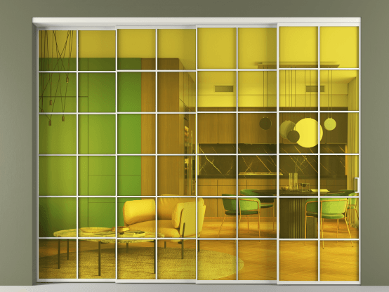 Алюминевая перегородка АЛПР 040.05_АСР_ПРОЗ ЖЕЛ_new. Цвет Алюминий серый. Материал Алюминий в эмали. Коллекция Перегородка Formato внутри проёма 4 створки с синхронным механизмом. Картинка.