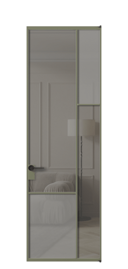 Дверь межкомнатная АЛПЛ041.12 АОТ Серый сатин матовое + Серый прозрачное. Цвет Алюминий оливковый тёмный. Материал Алюминий в эмали. Коллекция Mosaic. Картинка.